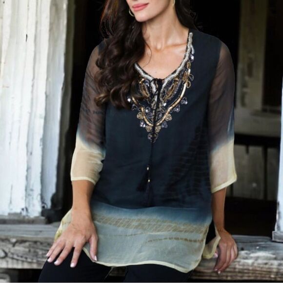 NOVICA Tie-Dye Beaded Viscose Tunic Top S - Picture 12 of 12